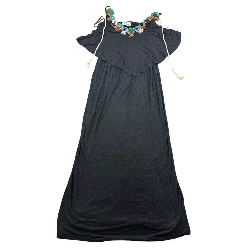 VaVa by Joy Han‎ Maxi Dress Women S Black Bead Embellished Ruffle USA Made Boho